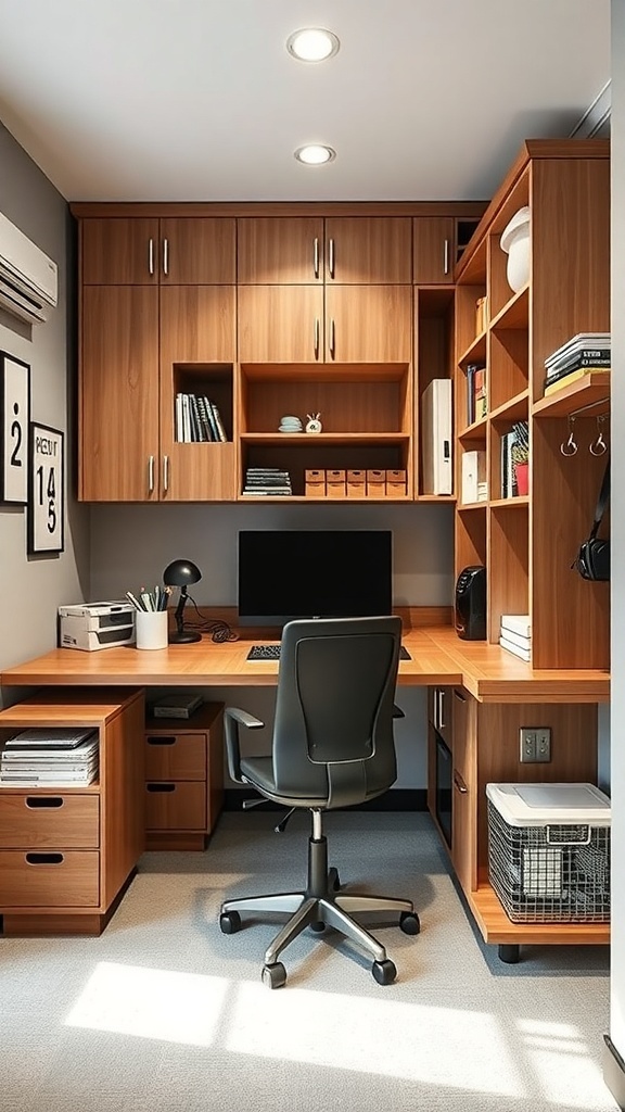 15 Creative Small Home Office Ideas for Maximum Productivity 12 A small home office with a wooden desk, shelves, and storage solutions for a clutter-free workspace.