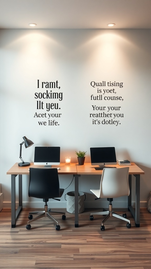 9 Stylish Double Desks for Your Home Office Setup 2 A double desk home office with two computers, stylish chairs, and inspirational wall text.
