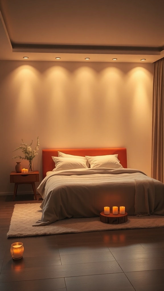 11 Chic Bedroom Ideas for Grown Women 12 A cozy bedroom with soft lighting, a comfortable bed, candles, and a warm atmosphere.