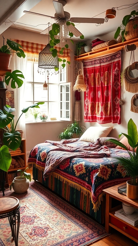 13 Stunning Bedroom Design Styles You Need to Try 8 A cozy Bohemian-style bedroom with colorful textiles, plants, and warm lighting.