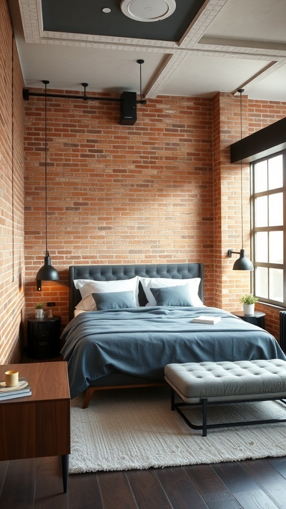 13 Stylish Bedroom Ideas to Transform Your Space 18 A modern industrial loft bedroom featuring exposed brick walls, a plush bed with blue bedding, pendant lights, and a cozy area rug.