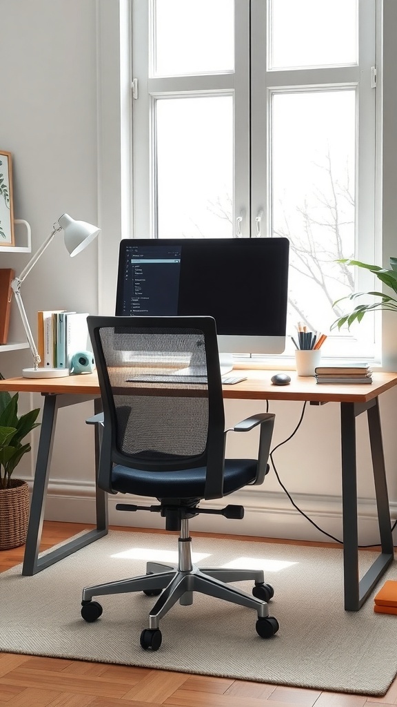10 Essential Tips for Organizing Your Home Office 12 A functional desk setup with a computer monitor, ergonomic chair, and natural light from windows.