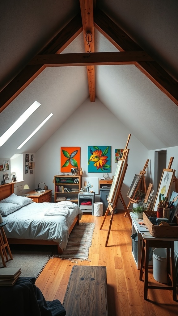 10 Cozy Attic Bedroom Ideas You’ll Love 11 An artistic attic bedroom featuring a bed, colorful wall art, easels, and natural light from skylights.