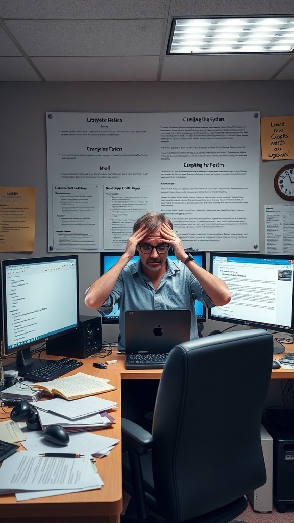 13 Essential Items for the Perfect Double Monitor Setup in Your Home Office 10 A person looking overwhelmed at a dual monitor setup in a cluttered home office.