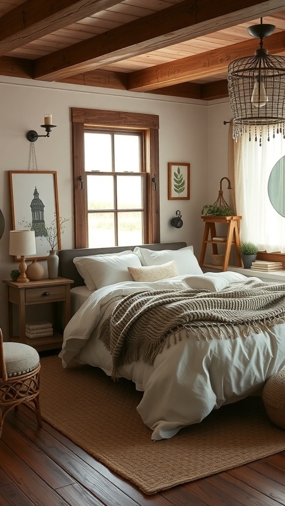 11 Stunning Bedroom Decor Ideas to Transform Your Space 18 A cozy farmhouse bedroom with wooden beams, a plush bed, and natural decor elements.