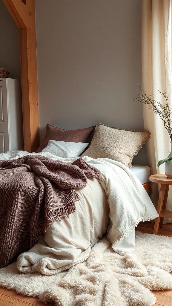 14 Cozy Bedroom Ideas to Transform Your Space 22 A cozy bedroom featuring layered textiles with a bed adorned with various blankets and pillows, complemented by a fluffy rug and wooden accents.