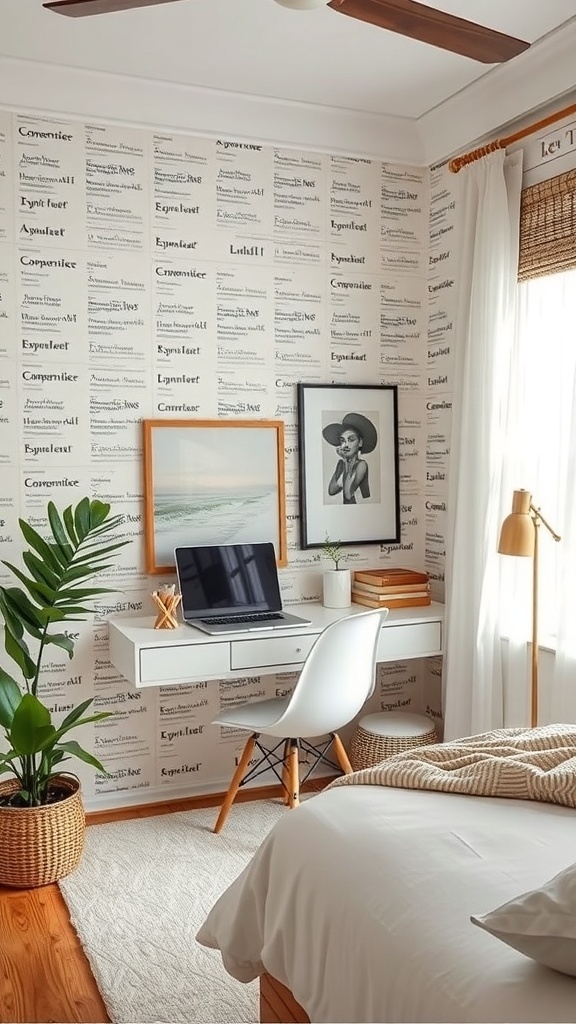 17 Stylish Home Office Guest Room Combos for Ultimate Efficiency 30 A home office guest room combo featuring a desk with a computer, stylish wallpaper, a potted plant, and a neatly made bed.