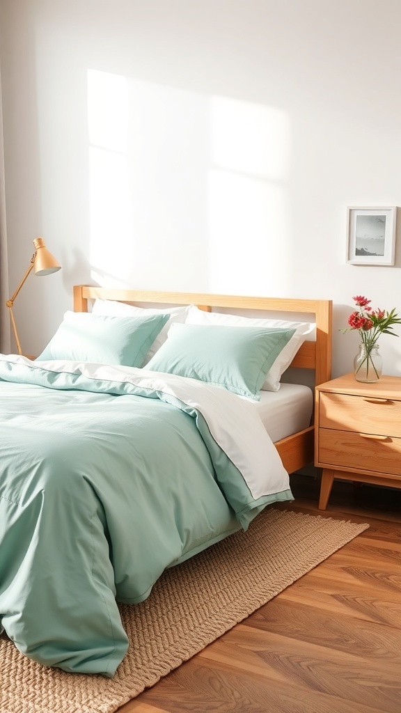 12 Inspiring Green Bedroom Ideas for a Refreshing Retreat 13 A cozy bedroom featuring mint green bedding, wooden furniture, and a natural rug.