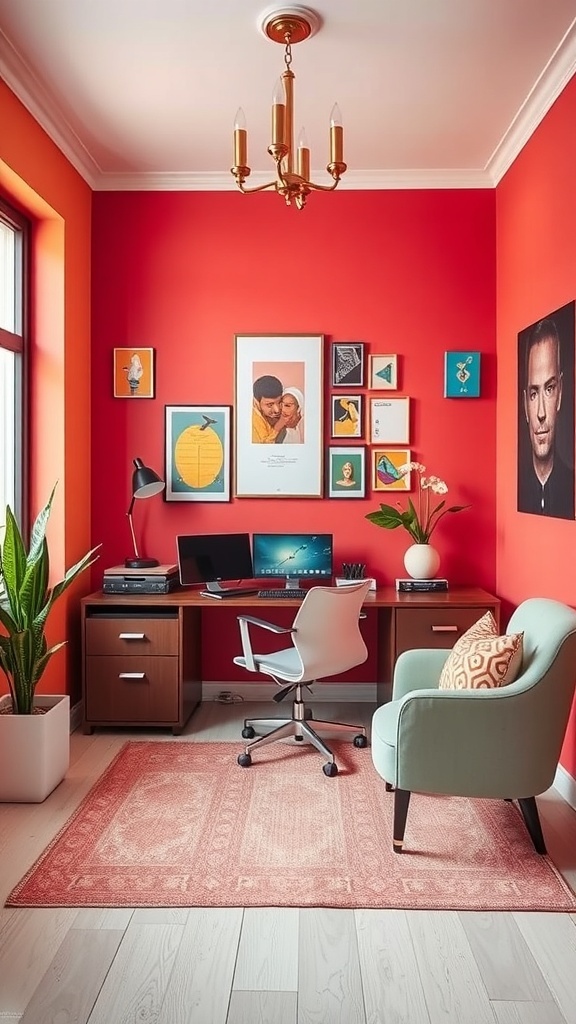 17 Inspiring Home Office Ideas for Men 25 A vibrant home office with red walls, modern furniture, and colorful artwork.