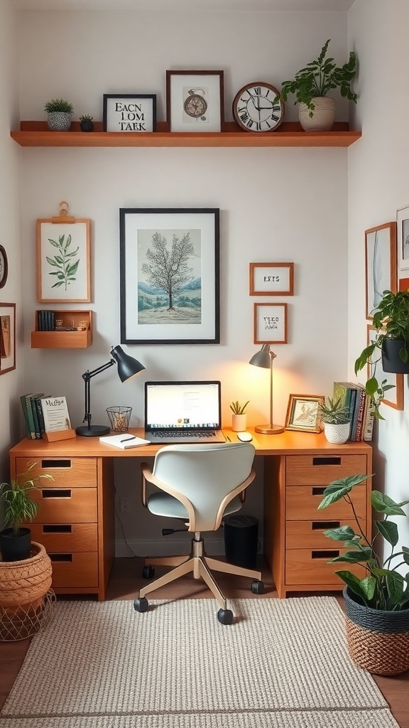 15 Creative Small Home Office Ideas for Maximum Productivity 3 A small home office with a wooden desk, laptop, plants, and framed artwork.