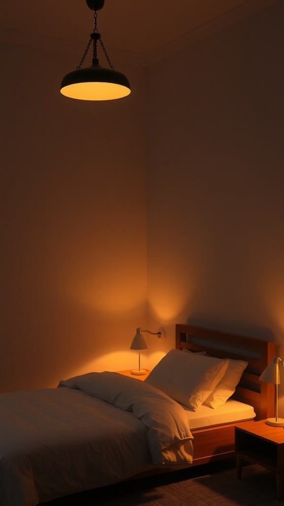 10 Minimal Bedroom Ideas for a Calm and Clutter-Free Space 2 A minimal bedroom with layered lighting, featuring a pendant light and bedside lamps.