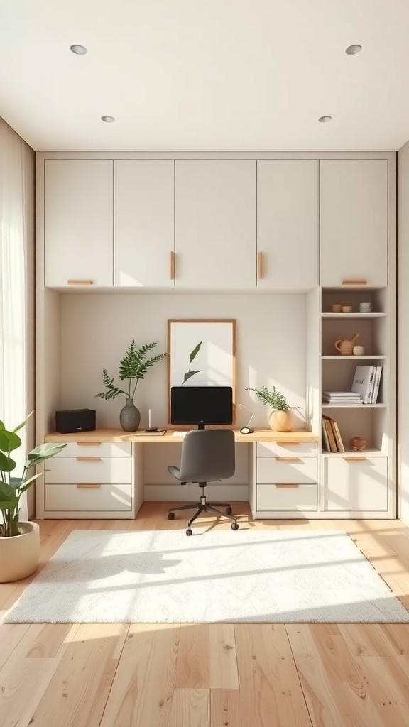 19 Creative Murphy Bed Office Guest Bedrooms Ideas 1 A modern office space with a desk, chair, and plants, featuring a Murphy bed that blends functionality and tranquility.