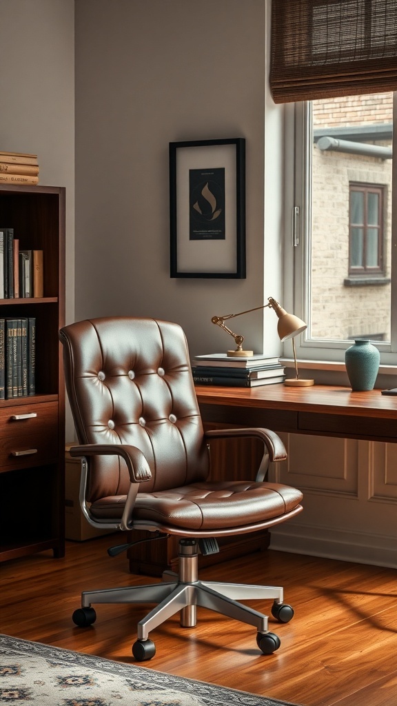 10 Must-Have Masculine Decor Items for Your Home Office 17 A masculine home office featuring a brown leather chair, wooden desk, and natural light.