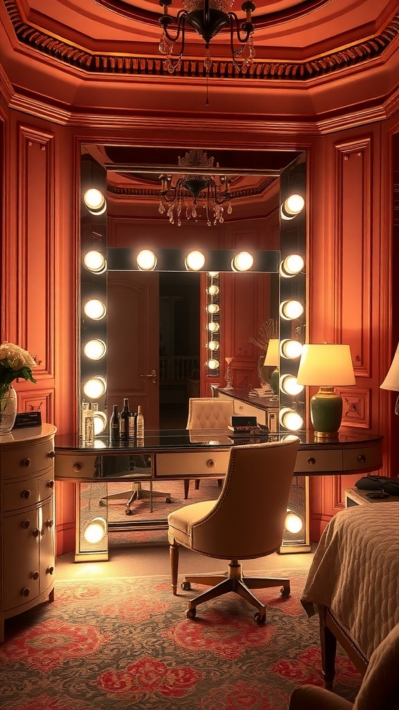 10 Chic Vanity Ideas to Elevate Your Bedroom Decor 14 A luxurious Hollywood glam vanity with a large mirror surrounded by lights, a stylish chair, and elegant decor.