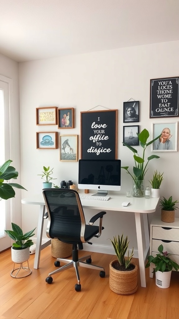 10 Essential Tips for Organizing Your Home Office 14 A cozy home office with a desk, computer, and framed art on the wall, surrounded by plants.
