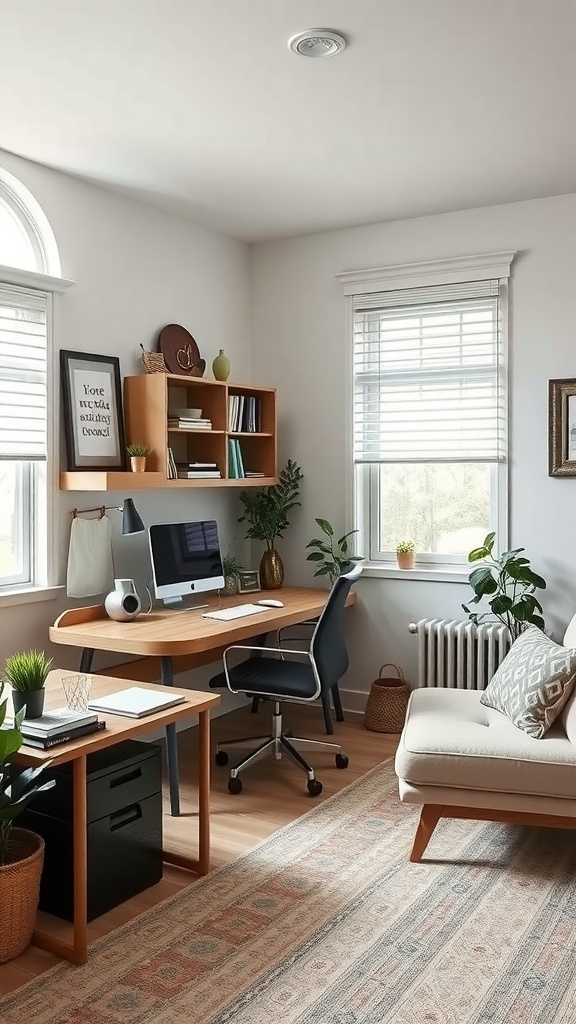 17 Inspiring Home Office Ideas for Men 31 A stylish home office featuring a desk, chair, and plants, designed for multifunctional use.