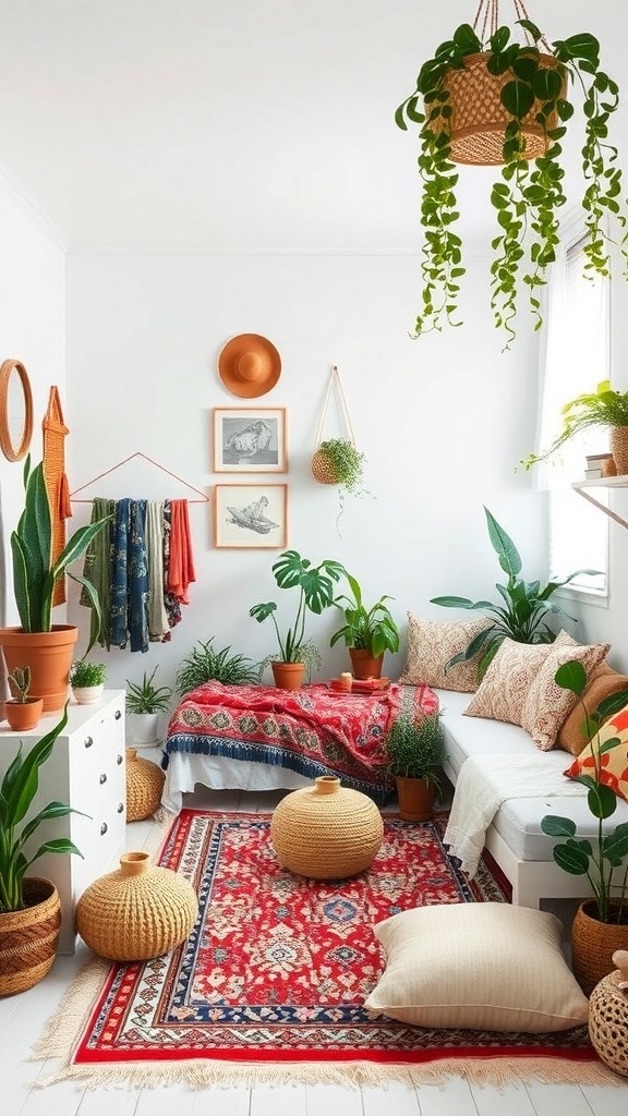 14 Stunning White Bedroom Ideas for a Dreamy Retreat 17 A cozy bohemian-style white bedroom with plants, colorful textiles, and decorative art.