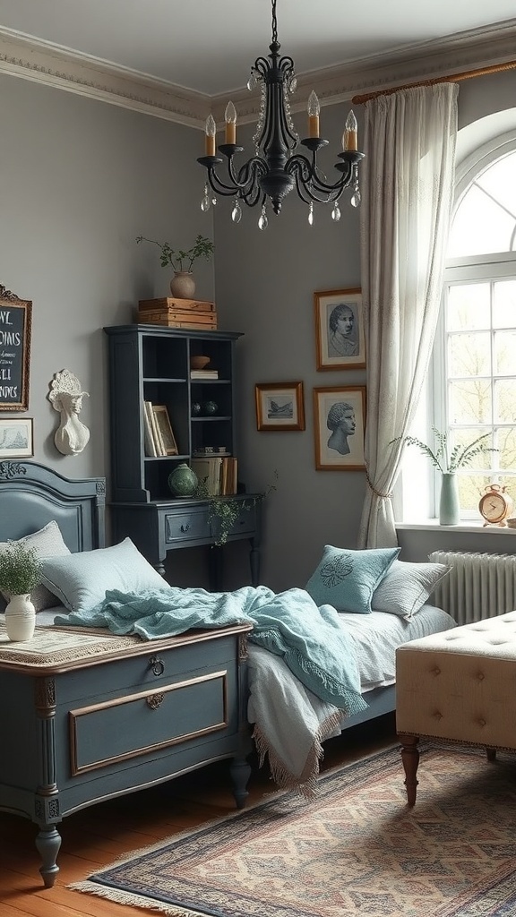 16 Stunning Grey Bedroom Ideas to Transform Your Space 29 A vintage-style grey bedroom featuring antique furniture, a chandelier, and soft blue accents.