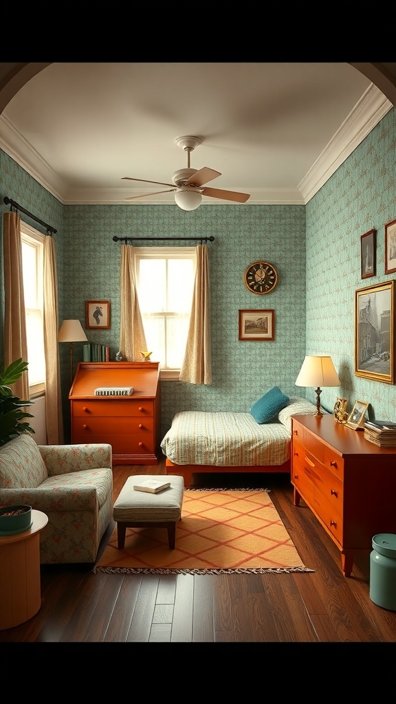 A vintage retro bedroom featuring teal wallpaper, orange furniture, and warm wooden floors.