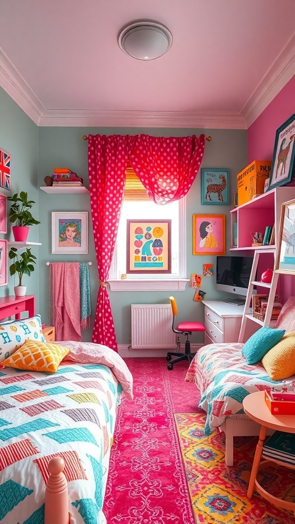13 Stylish Bedroom Ideas to Transform Your Space 15 A colorful and playful bedroom with pink and green walls, polka dot curtains, patterned bedding, and vibrant decor.