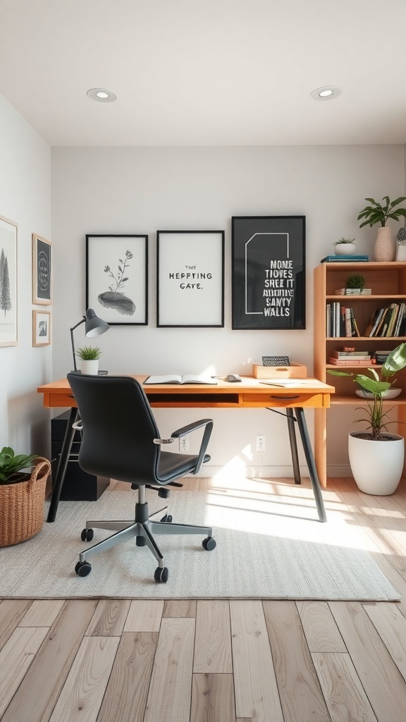 10 Essential Tips for Organizing Your Home Office 11 A stylish home office with a wooden desk, black chair, wall art, and a bookshelf.