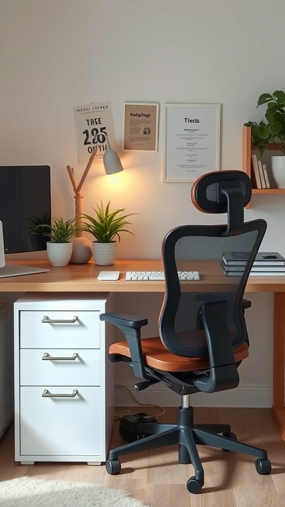 A cozy desk setup featuring an ergonomic chair and a stylish desk with plants and decor.