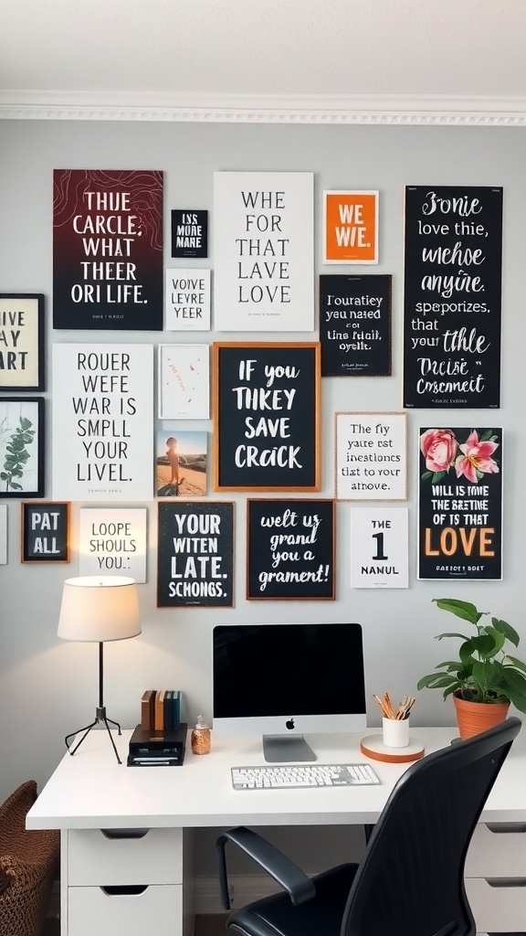 15 Must-Have Items for a Perfect Home Office Setup for Women 1 A home office wall decorated with motivational quotes and affirmations in various frames.