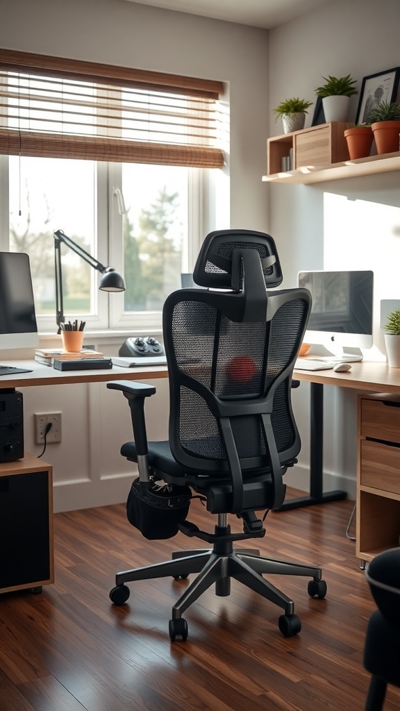 11 Essential Tips for Organizing Your Home Office for Maximum Productivity 2 A comfortable home office setup featuring an ergonomic chair, desk, and natural light.