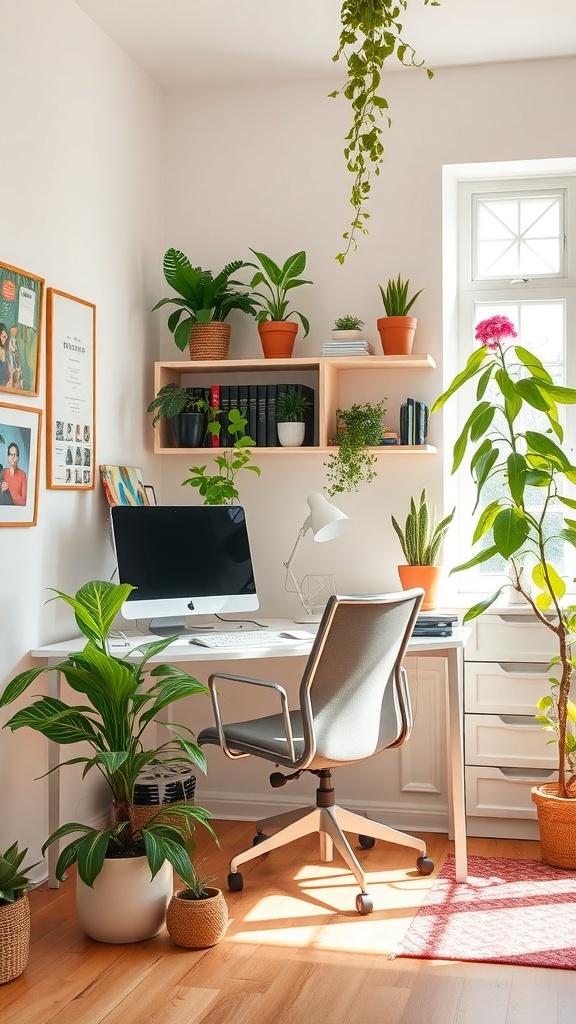 15 Must-Have Items for a Perfect Home Office Setup for Women 3 A bright home office setup featuring a desk with a computer, surrounded by various potted plants.