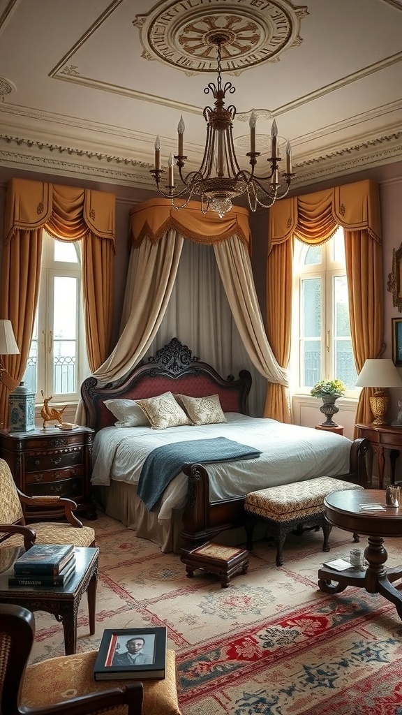 13 Stunning Bedroom Design Styles You Need to Try 1 A classic elegant bedroom featuring a grand bed with a canopy, warm curtains, and ornate furniture.