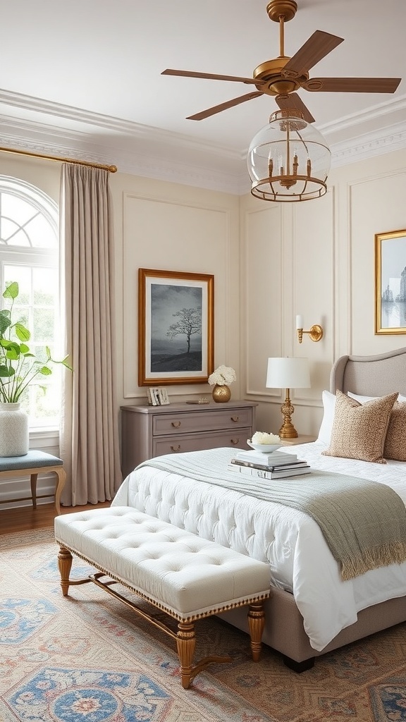 11 Chic Bedroom Ideas for Grown Women 21 A beautifully designed transitional style bedroom featuring a cozy bed, tufted bench, and elegant decor.