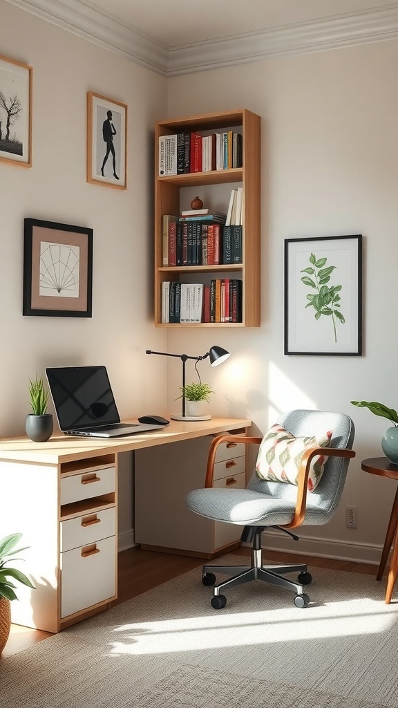 15 Must-Have Items for a Perfect Home Office Setup for Women 11 A stylish home office setup featuring a desk, chair, bookshelf, and decorative elements.