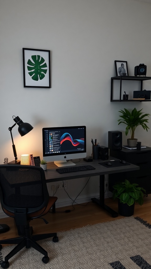 15 Must-Have Items for a Perfect Home Office Setup for Women 10 A modern home office setup featuring a computer, desk lamp, and plants.