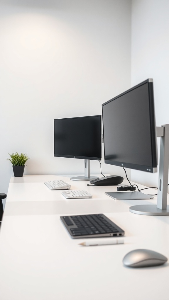 13 Essential Items for the Perfect Double Monitor Setup in Your Home Office 1 A clean home office setup featuring two monitors, a keyboard, mouse, and a small plant on a desk.