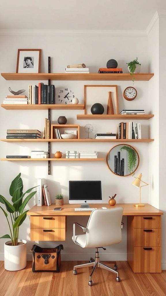 10 Essential Tips for Organizing Your Home Office 16 A modern home office with wooden shelves displaying books and decor, a desk with a computer, and a plant.
