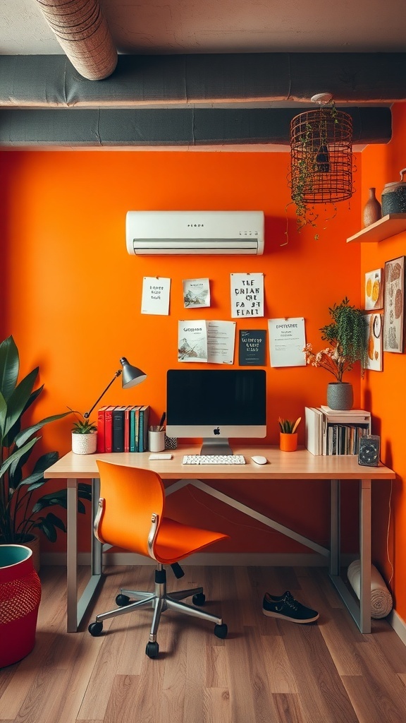 14 Inspiring Paint Colors for Your Home Office Makeover 9 A bright orange home office with a desk, computer, and decorative plants.