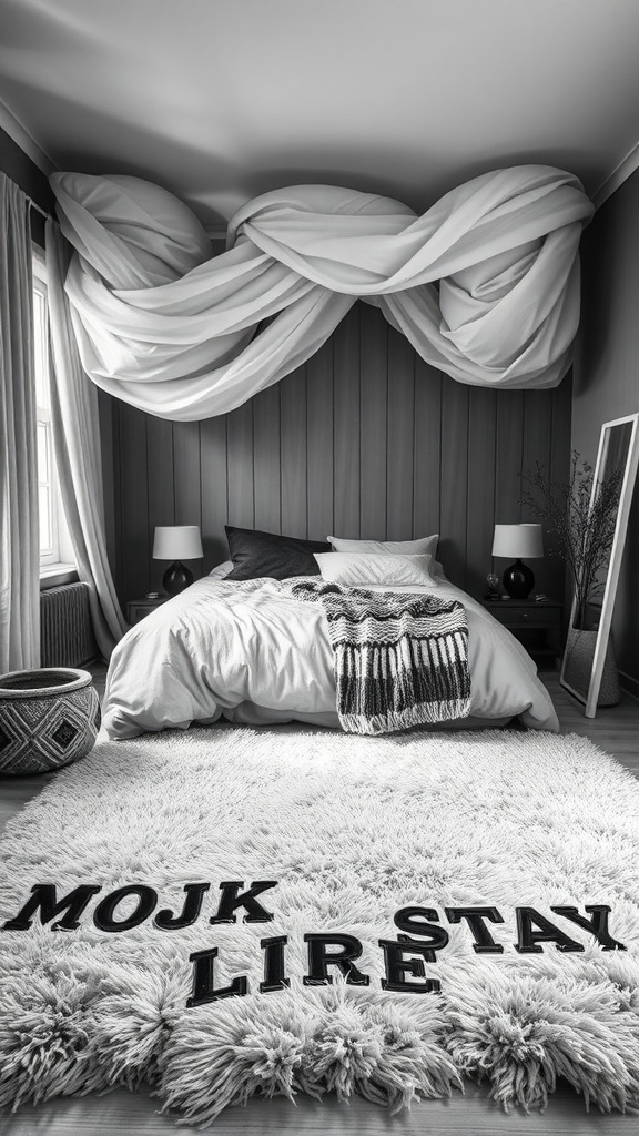 A black and white bedroom featuring a cozy bed, textured bedding, draped fabric above, and a fluffy rug with letters.