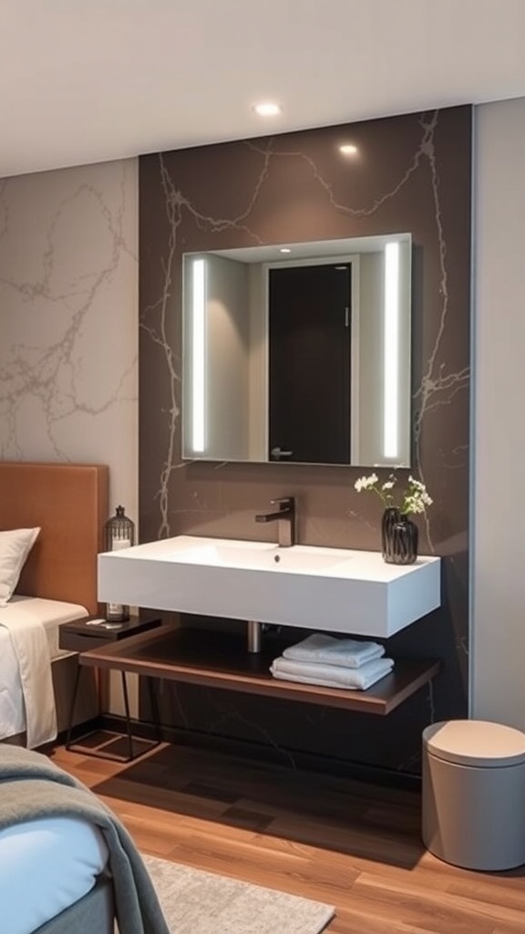 10 Chic Vanity Ideas to Elevate Your Bedroom Decor 12 A modern floating vanity with a white sink, dark wall, and integrated lighting, showcasing a sleek and minimalist design.