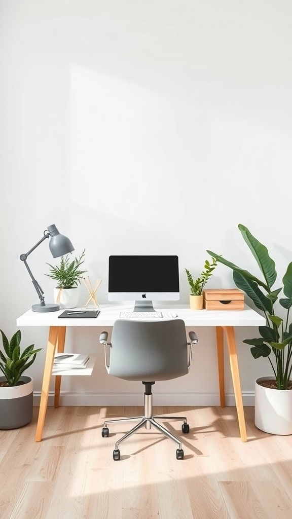 11 Essential Tips for Organizing Your Home Office for Maximum Productivity 1 A minimalist home office with a clean desk, comfortable chair, and plants.