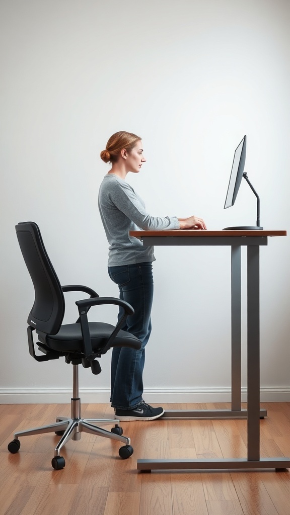13 Must-Have Standing Desks for Your Home Office Setup 17 A person using a standing desk in a home office setting, with an empty chair nearby.