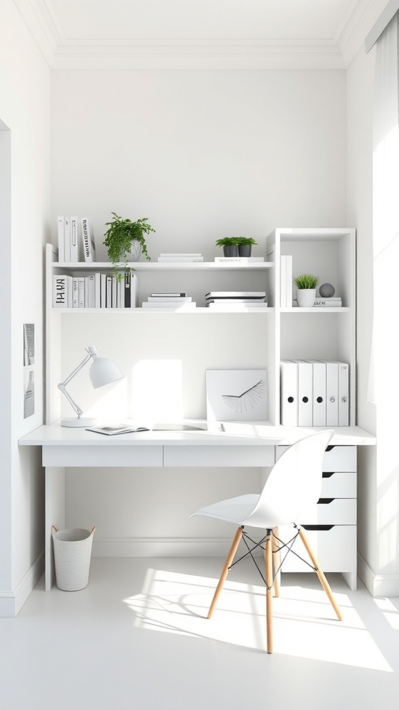14 Inspiring Paint Colors for Your Home Office Makeover 1 A bright and airy home office with white walls, a white desk, and green plants.