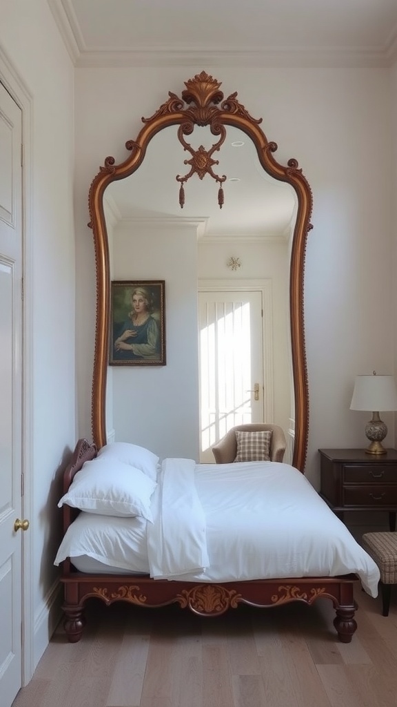 10 Creative Small Bedroom Ideas to Maximize Space 18 A small bedroom featuring a large ornate mirror above a bed, reflecting light and creating depth.