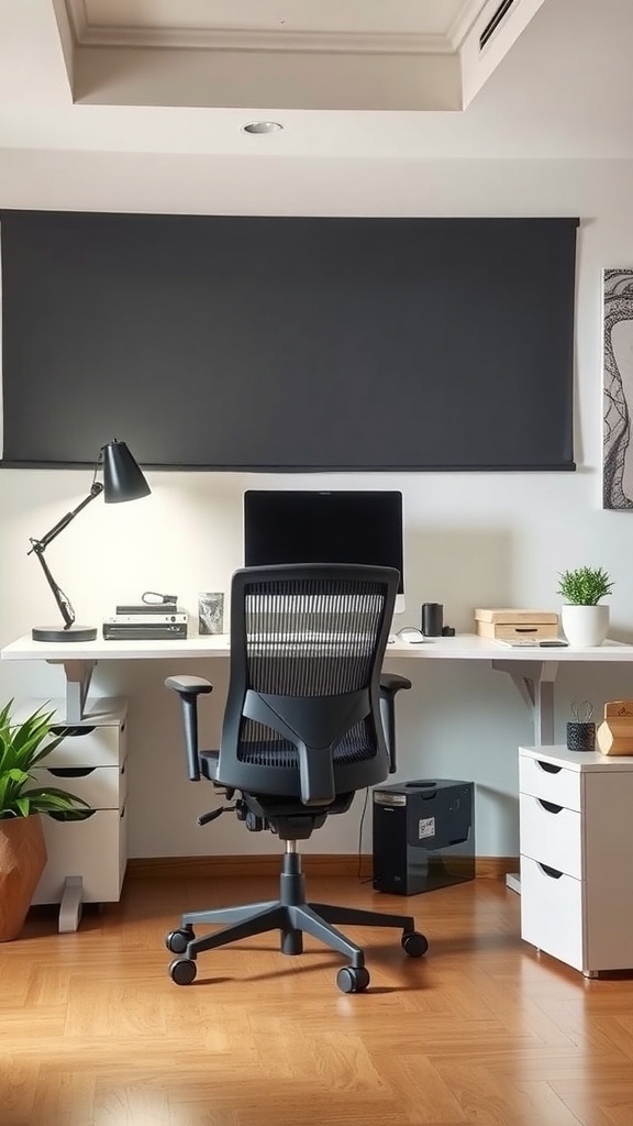11 Inspiring Home Office Decor Ideas for a Productive Workspace 1 A modern home office setup featuring an ergonomic chair, a spacious desk, and decorative plants.