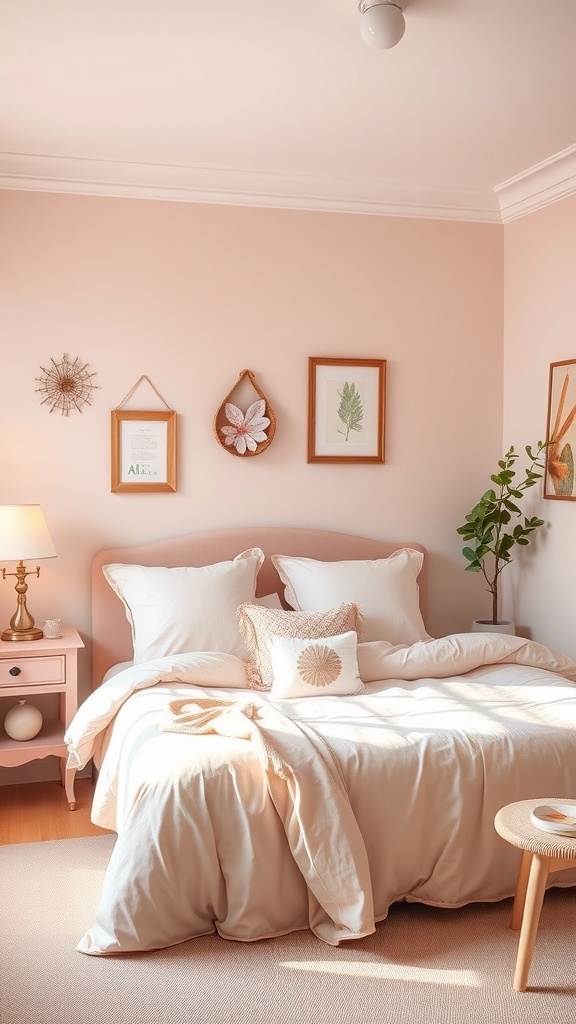 15 Cute Bedroom Ideas to Elevate Your Space 17 A cozy bedroom with pastel pink walls, a fluffy bed, and natural decor.