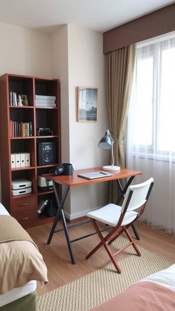 17 Stylish Home Office Guest Room Combos for Ultimate Efficiency 22 A compact folding desk setup in a cozy guest room with a bookshelf and natural light.