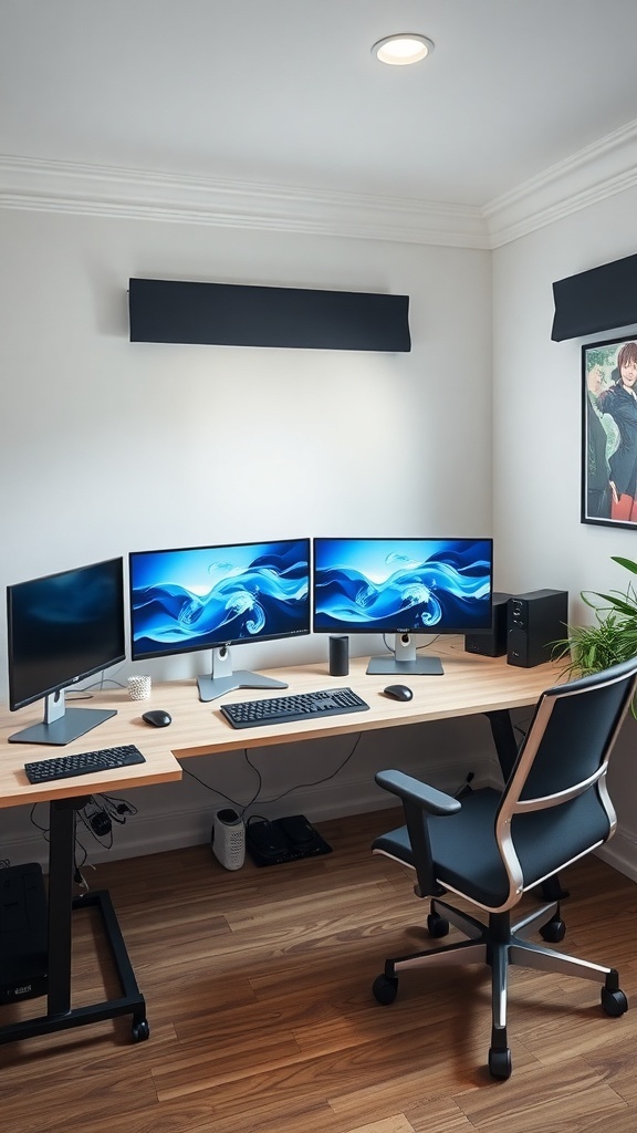 13 Essential Items for the Perfect Double Monitor Setup in Your Home Office 8 A modern home office with a dual monitor setup, featuring a spacious wooden desk, ergonomic chair, and a small plant.