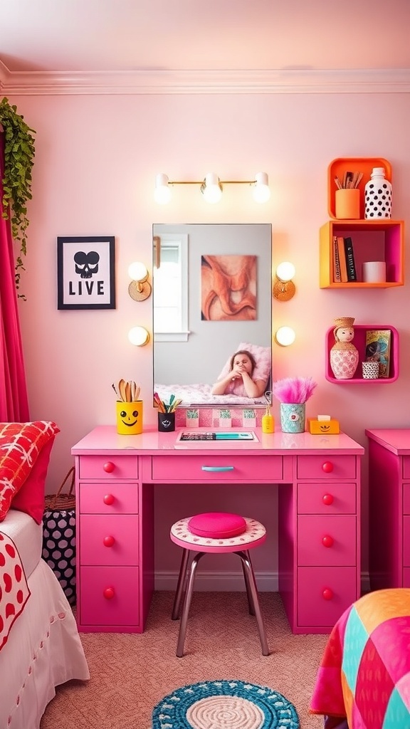 10 Chic Vanity Ideas to Elevate Your Bedroom Decor 17 A colorful vanity setup featuring a pink desk, playful accessories, and a well-lit mirror.