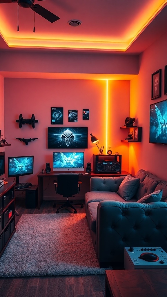 12 Creative Boys Bedroom Ideas for a Fun and Stylish Space 22 A stylish gaming room with multiple monitors, LED lights, and a cozy couch.