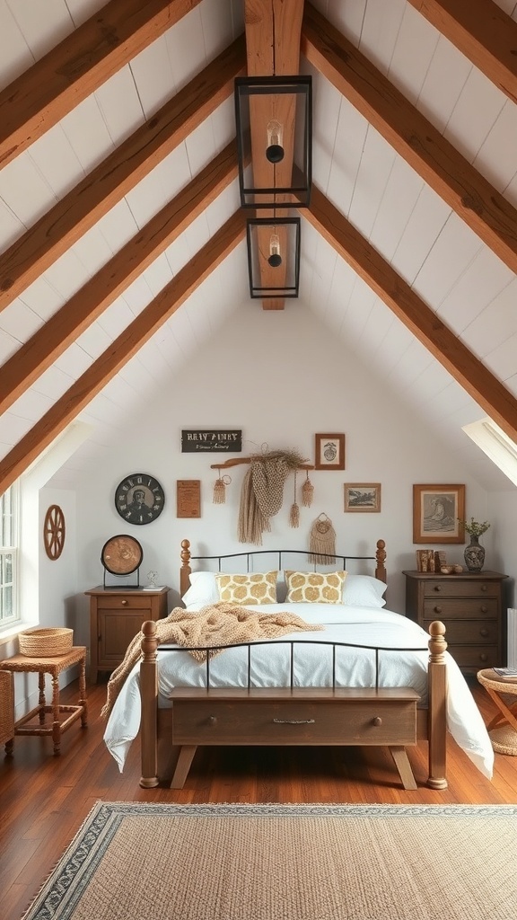 10 Cozy Attic Bedroom Ideas You’ll Love 17 A rustic attic bedroom featuring exposed wooden beams, a cozy bed with decorative pillows, vintage decor, and warm lighting.