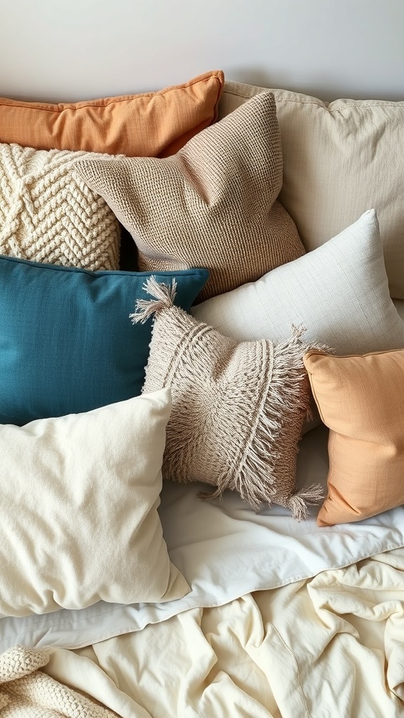 15 Cute Bedroom Ideas to Elevate Your Space 25 A collection of textured throw pillows in various colors and shapes on a bed.